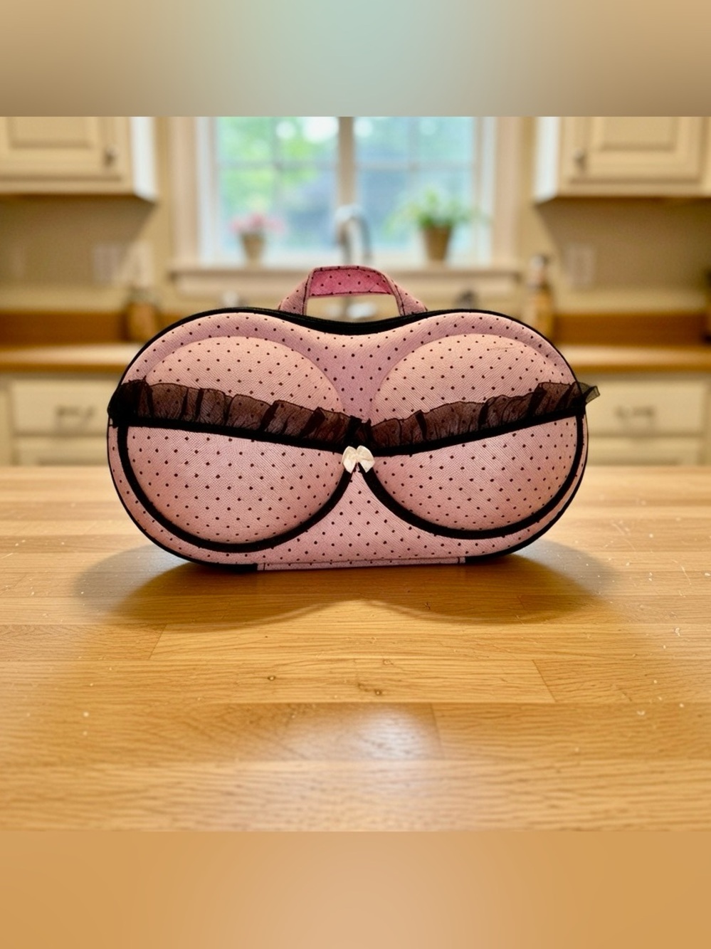Pink Polka Dot Bra Travel Case with Ruffle Trim & Mesh Interior Pocket